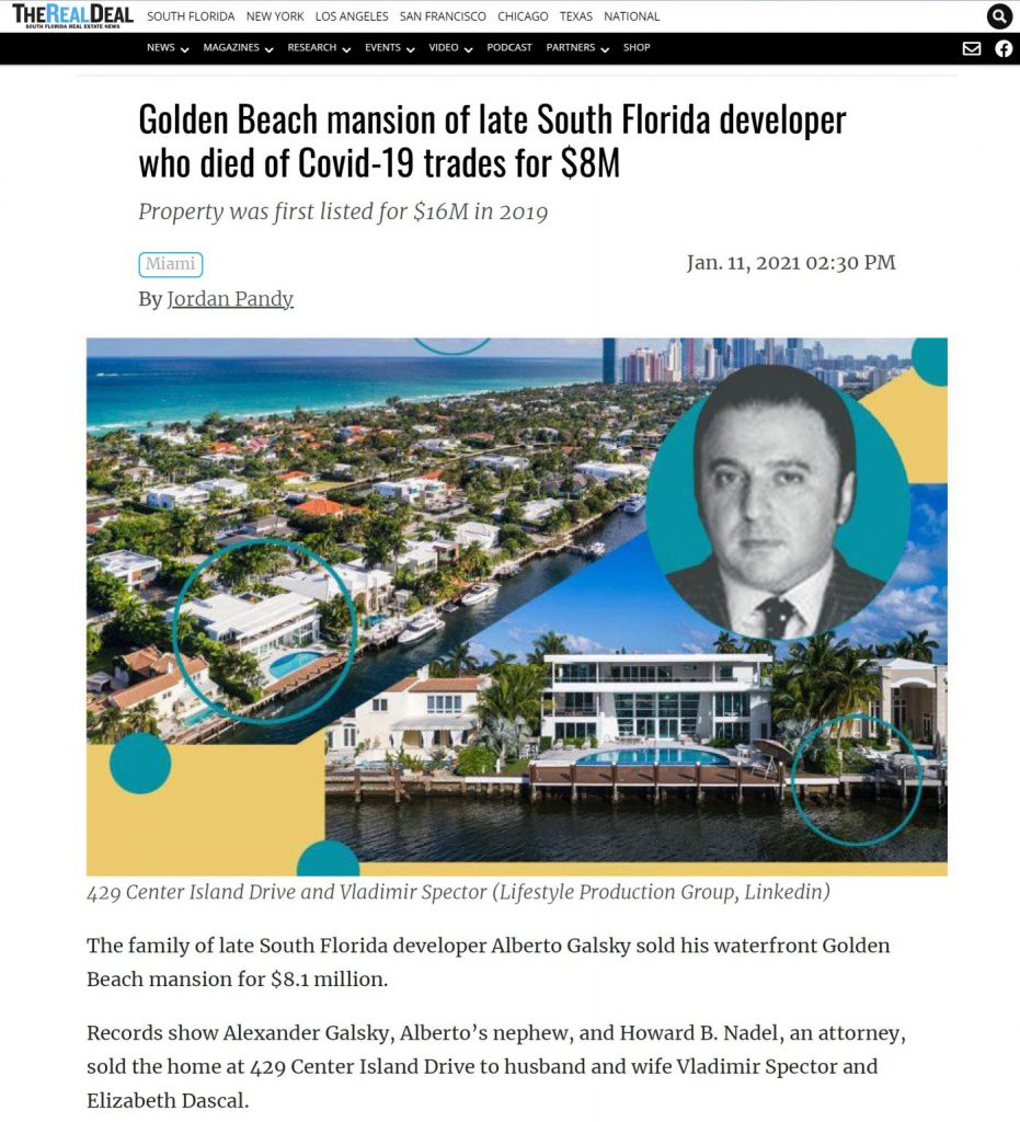 The Real Deal: Golden Beach mansion of late South Florida developer who died of Covid-19 trades for $8M